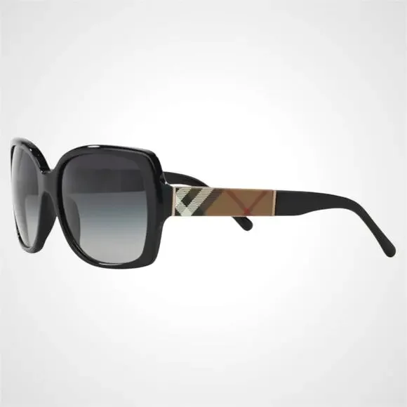 New Burberry Sunglasses Black Square Frames Checkered Arms Gradient BURBERRY - Picture 5 of 9